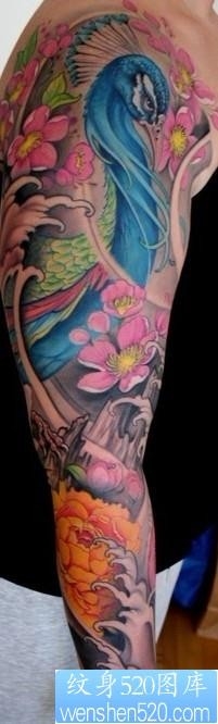 手臂彩色孔雀樱花纹身图片纹身作品