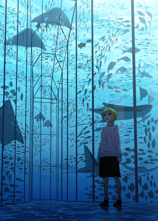 蓝色动漫手机壁纸 夏季动漫蓝色水族馆手机壁纸图片