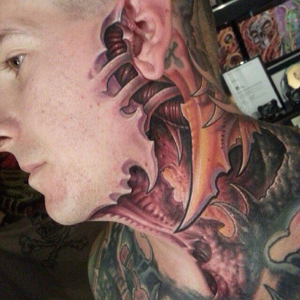 皮肉下的恶魔之魂，颈部恶魔骨骼d纹身