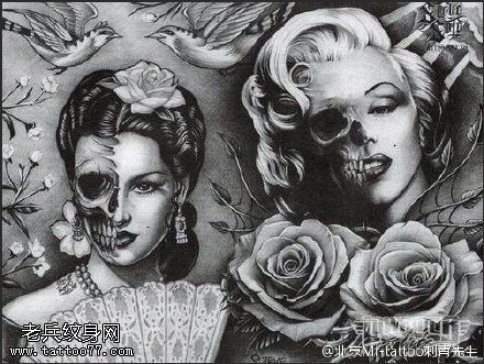 惊悚的骷髅美女纹身图案