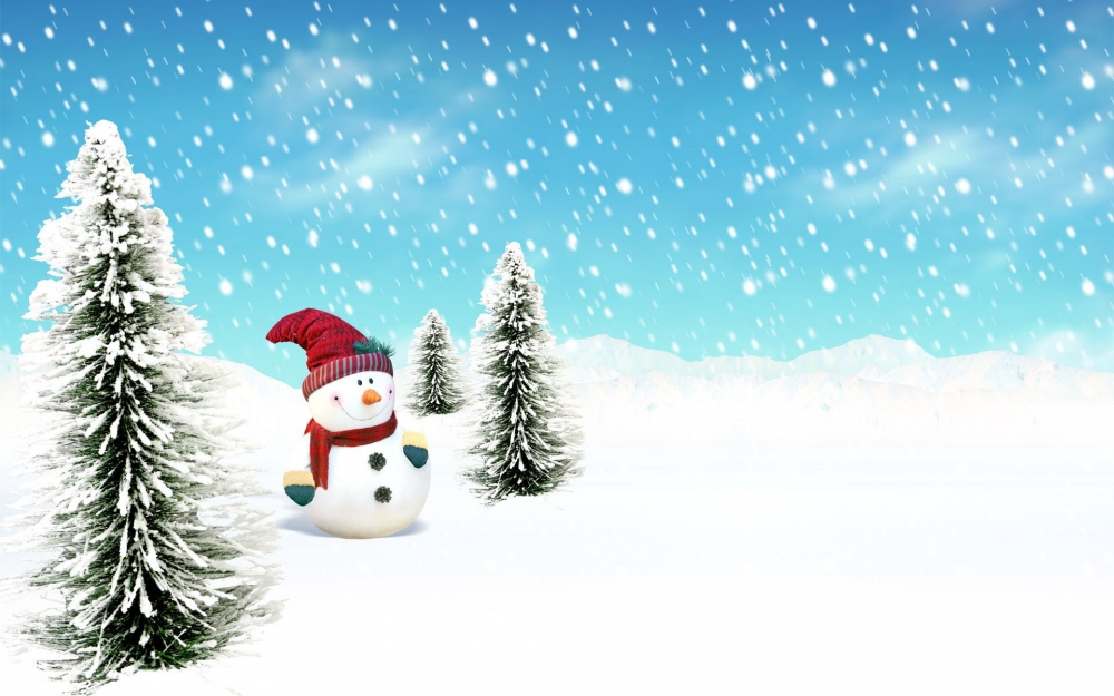 卡通圣诞树和小雪人桌面壁纸