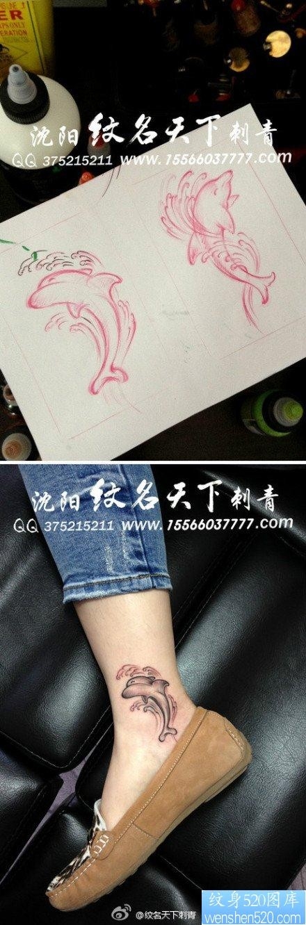 腿部时尚经典的海豚纹身图片
