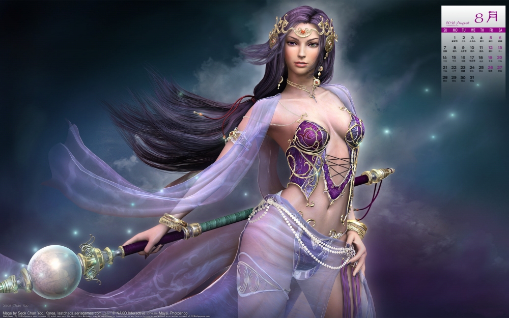 2016年8月日历精美手绘CG美女插画桌面壁纸图片