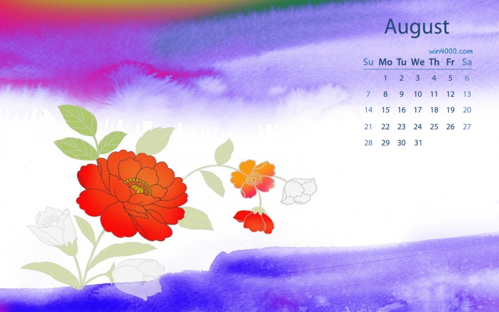 2016年8月日历多彩水墨花卉图片电脑桌面壁纸下载