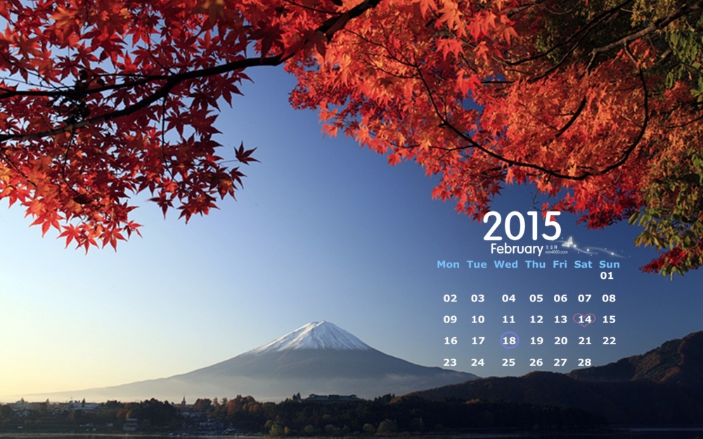 2015年2月日历赏樱花的胜地唯美而富士山高清电脑桌面壁纸