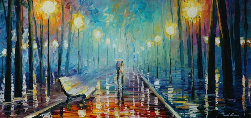 Leonid阿夫列莫夫的绘画,公园,路灯,浪漫恋人,雨伞,雨,壁纸