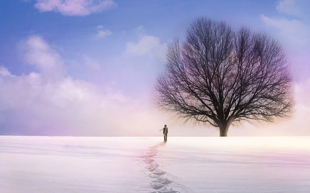 冬天雪地行走唯美意境壁纸图片