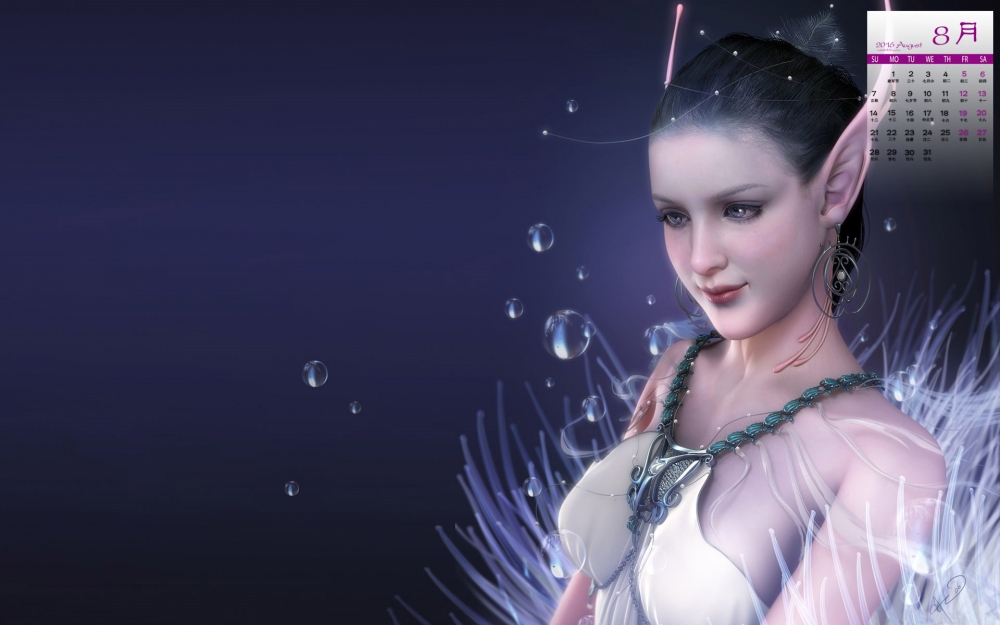 2016年8月日历精美手绘CG美女插画桌面壁纸图片