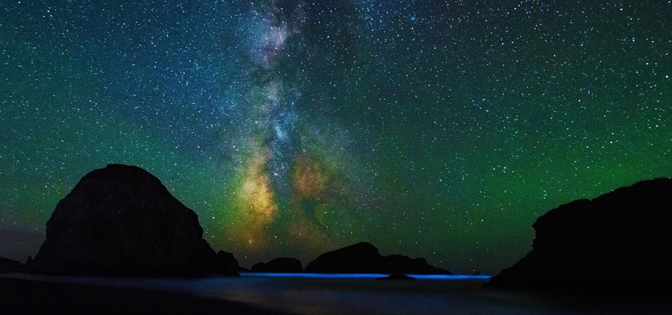 俄勒冈,塞巴斯蒂安州立公园的景观走道,满天繁星,海水闪烁,风景桌面壁纸