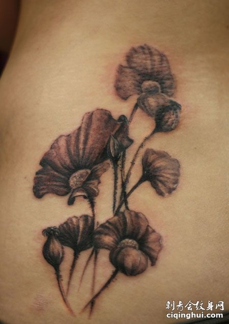 腰部的罂粟花纹身图案