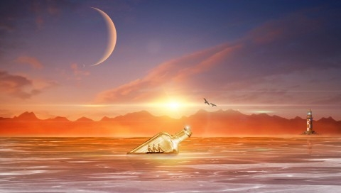 夕阳下的漂流瓶