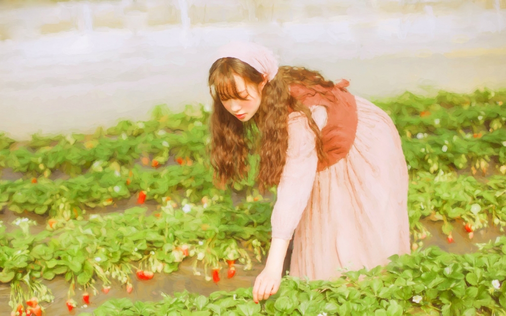 摘草莓的少女日系油画感写真电脑高清壁纸
