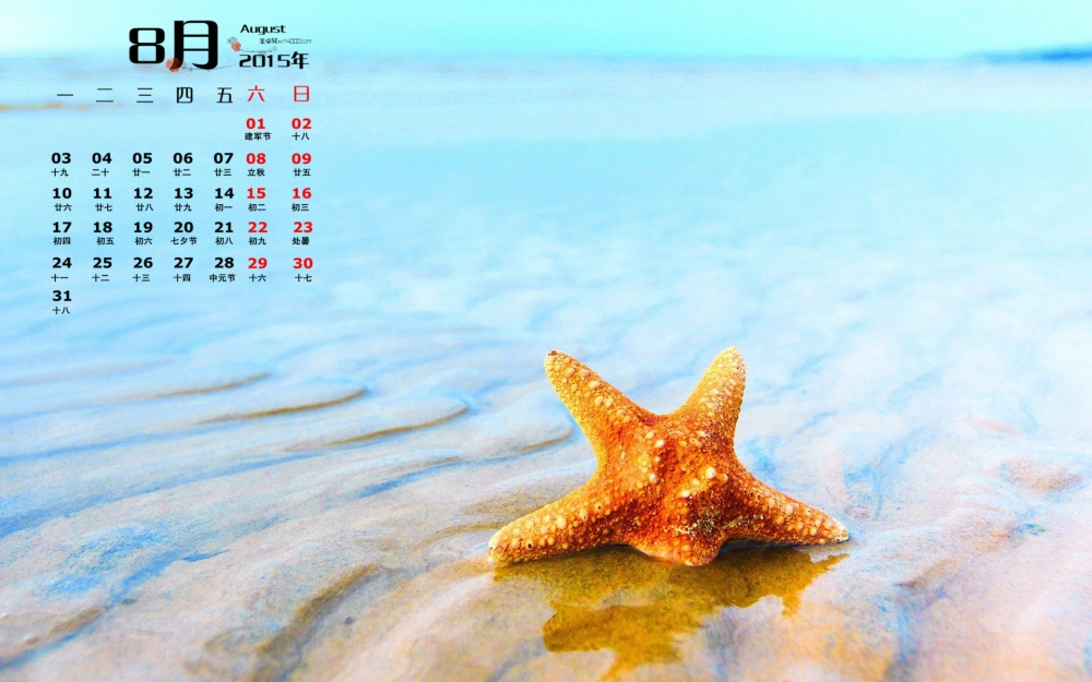 2015年8月日历沙滩上的海星电脑桌面壁纸下载