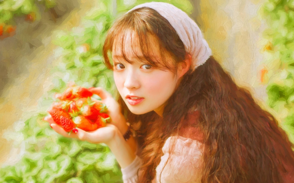 摘草莓的少女日系油画感写真电脑高清壁纸