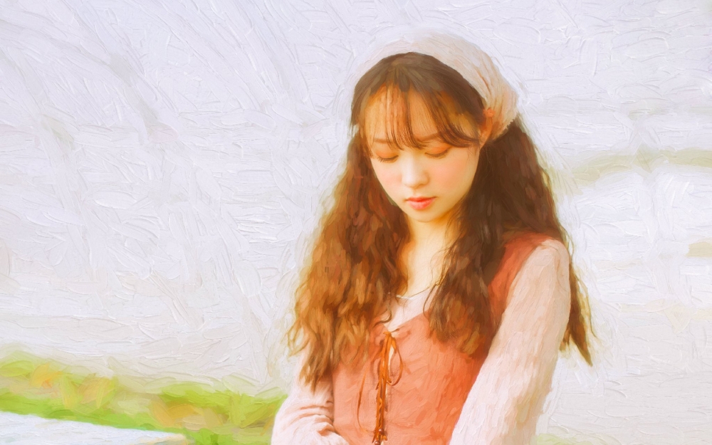 摘草莓的少女日系油画感写真电脑高清壁纸
