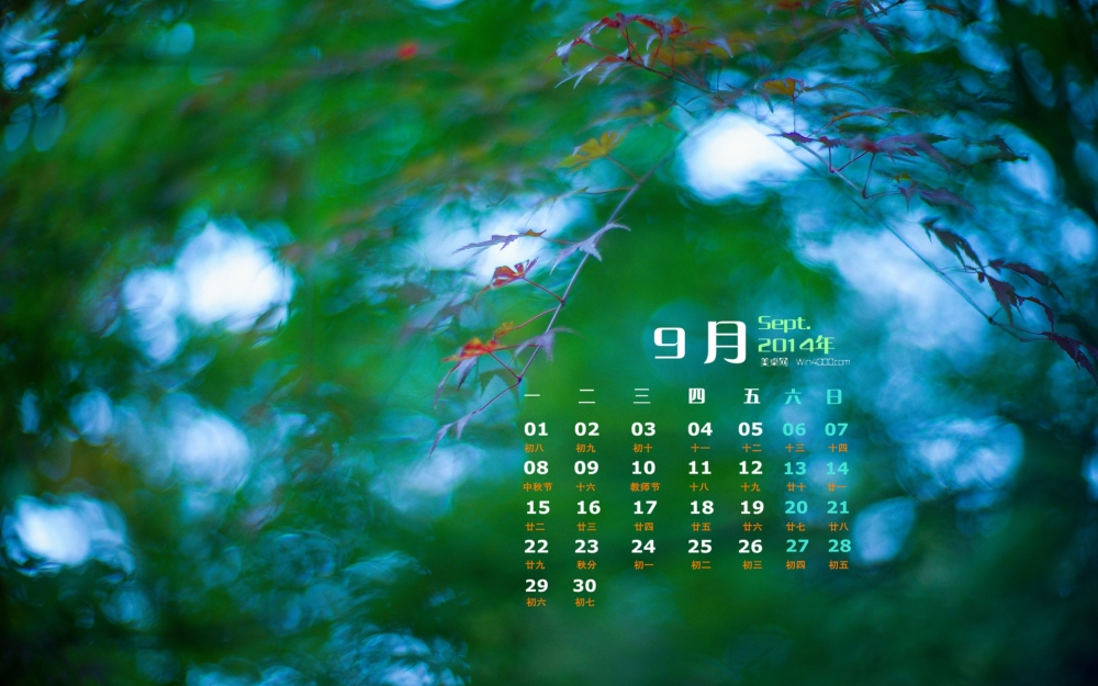 2014年9月日历初秋枫叶清新护眼高清电脑桌面主题壁纸