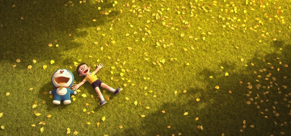 电影，哆啦A梦，伴我同行，机器猫，小叮当，草地，秋天叶子，风景桌面壁纸