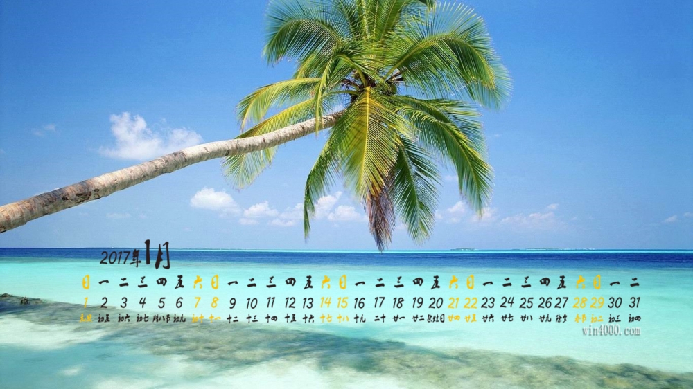 2017年1月沙滩椰树绝美风景高清桌面日历壁纸