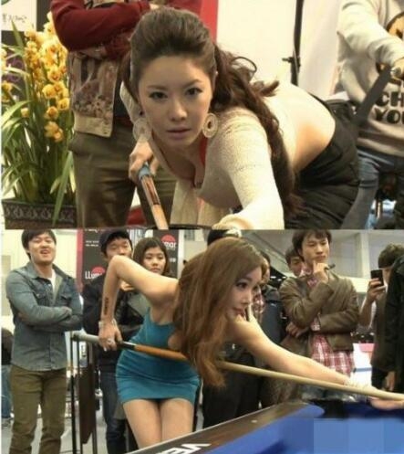 美女打台球 好多屌丝围观