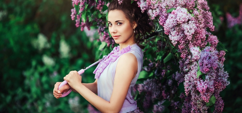 棕色眼睛的女孩，丁香，花朵，花伞，唯美，美女壁纸