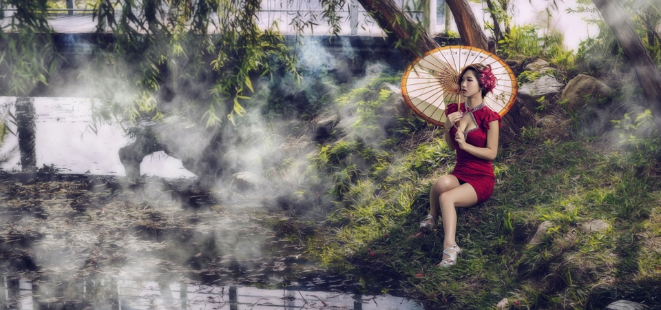 女孩,伞,柳树,河流,唯美中国风壁纸