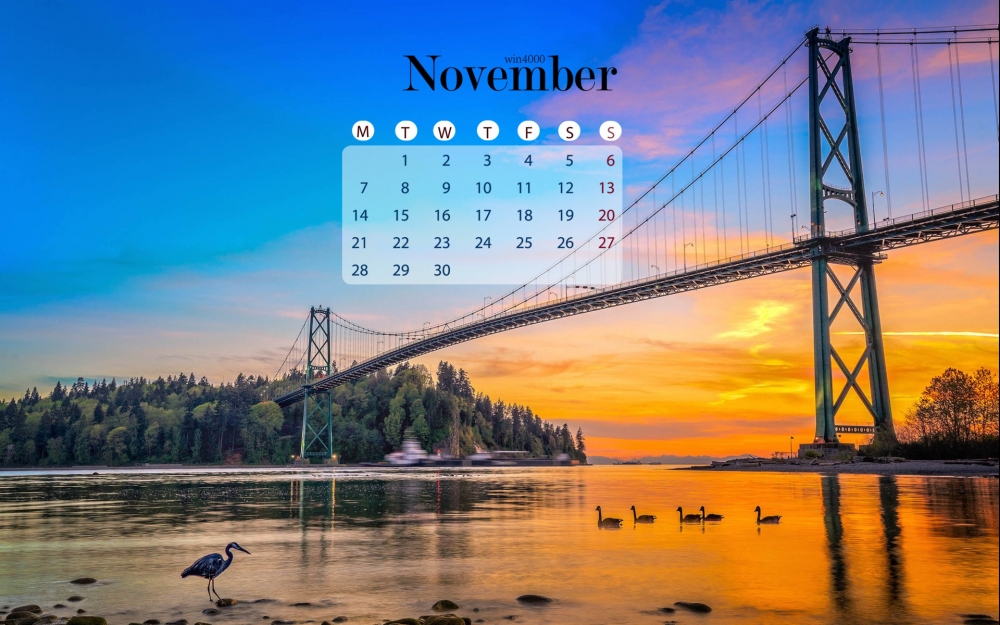 2016年11月日历夕阳风景桌面壁纸