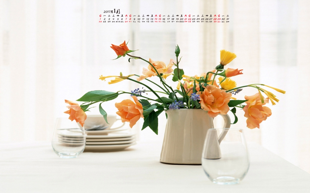 2017年1月唯美清新静物花卉桌面日历壁纸  第四辑
