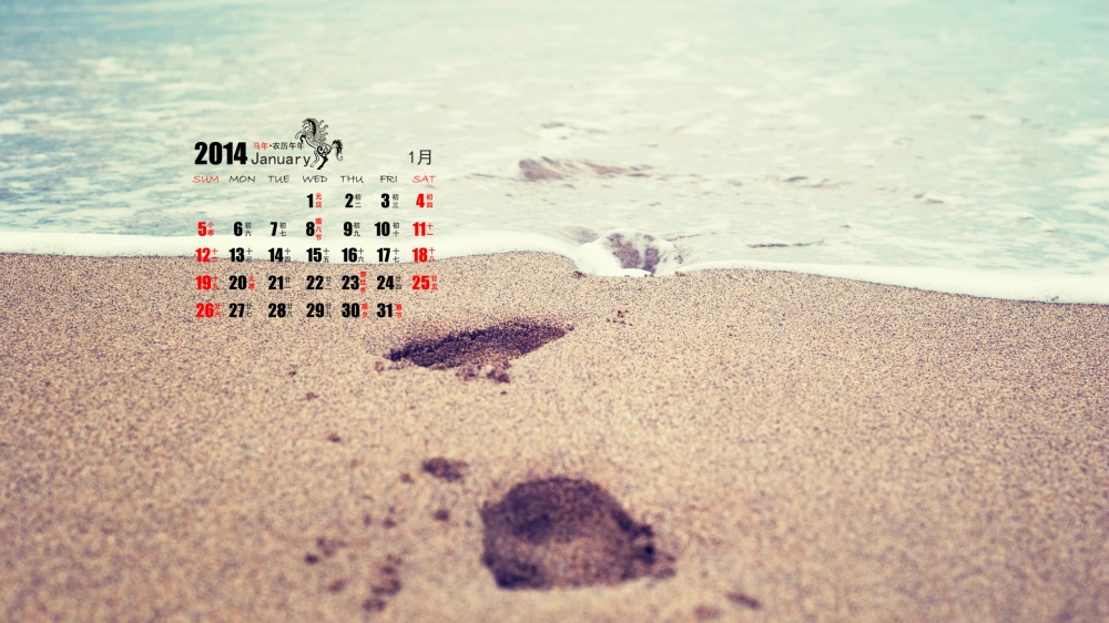 2014年1月电脑壁纸之浪漫爱情沙滩日历