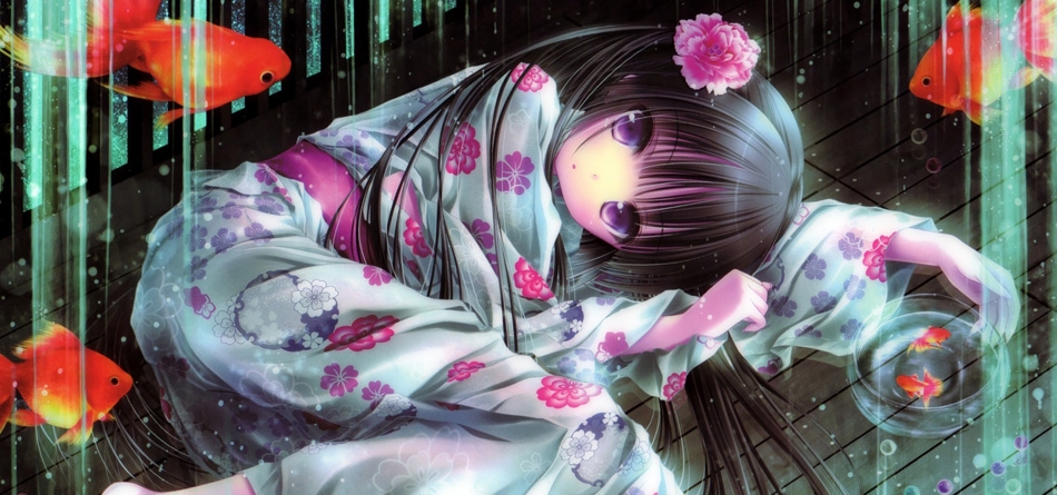 女孩，说谎，和服，鱼，花朵，可爱动漫女生壁纸