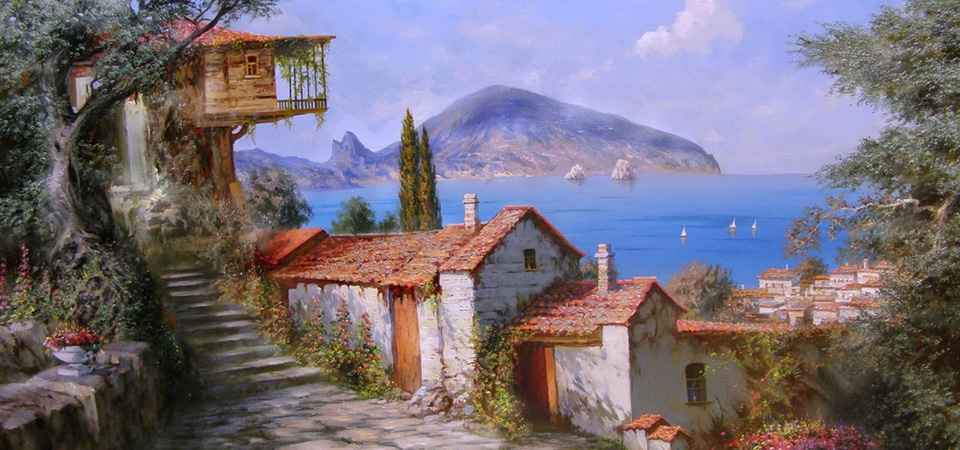 海边小镇 地中海油画 油画，亚历山大·米留可夫作品，风景画桌面壁纸
