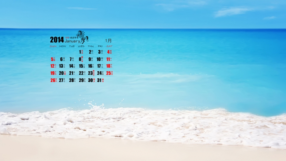 2014年1月电脑壁纸之浪漫爱情沙滩日历
