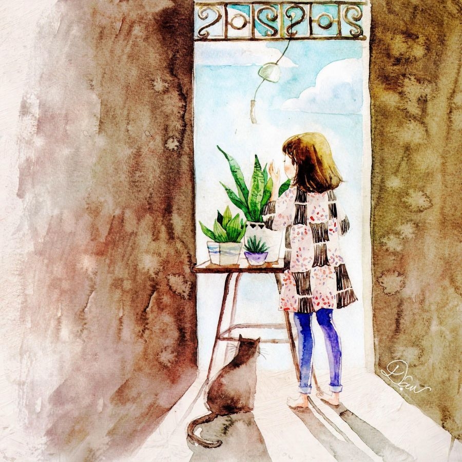 可爱卡通女孩水彩画