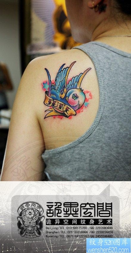 后背漂亮可爱的小燕子纹身图片