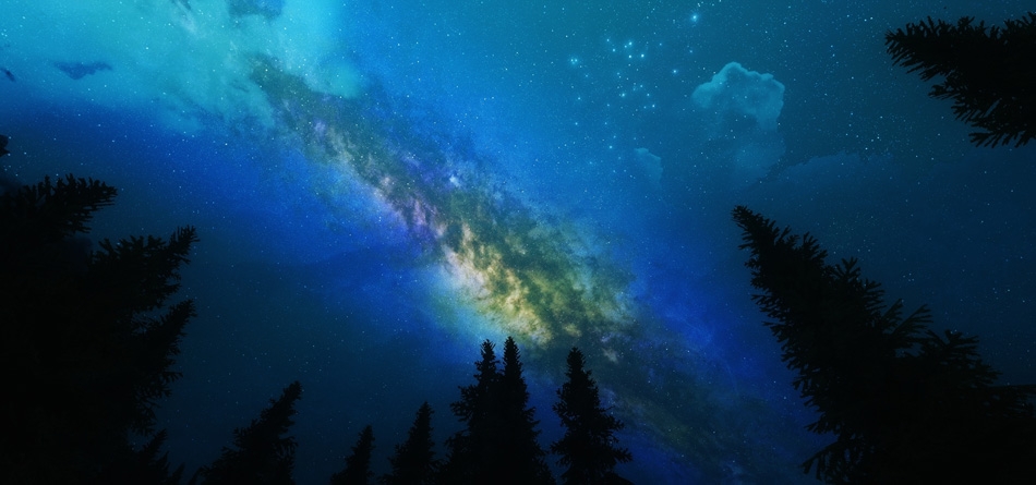银河系，夜晚，森林，星星，天空，渲染，风景桌面壁纸
