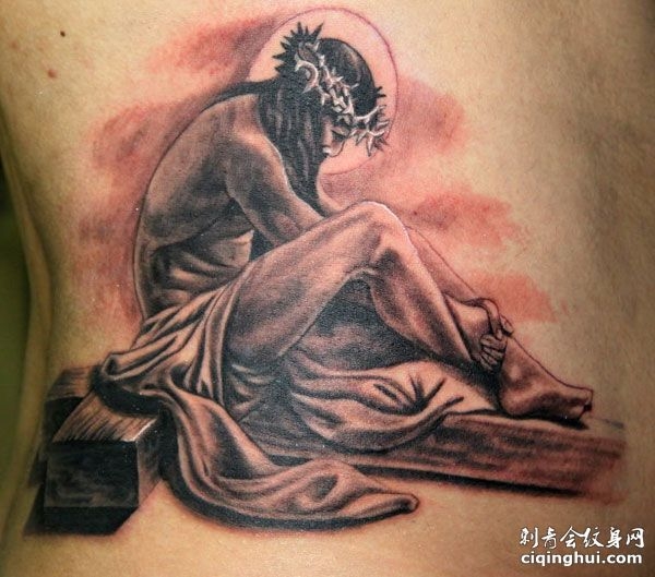 侧腰黑灰耶稣纹身图案