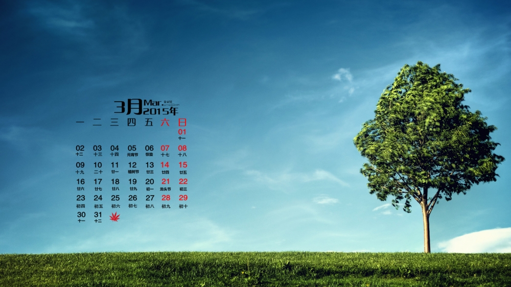 2015年3月日历壁纸大自然风景绿色护眼主题大树素材高清图片下载