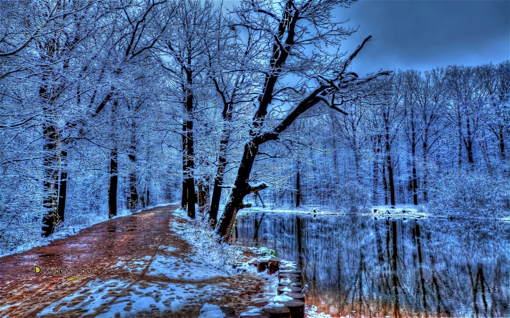 冬雪覆盖下的湖水风景壁纸