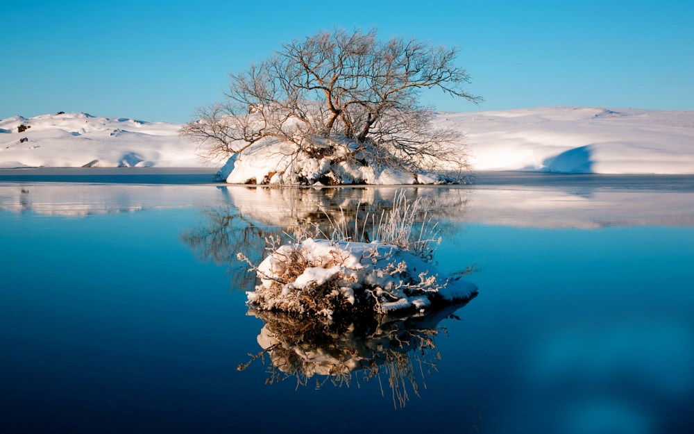 冬雪覆盖下的湖水风景壁纸