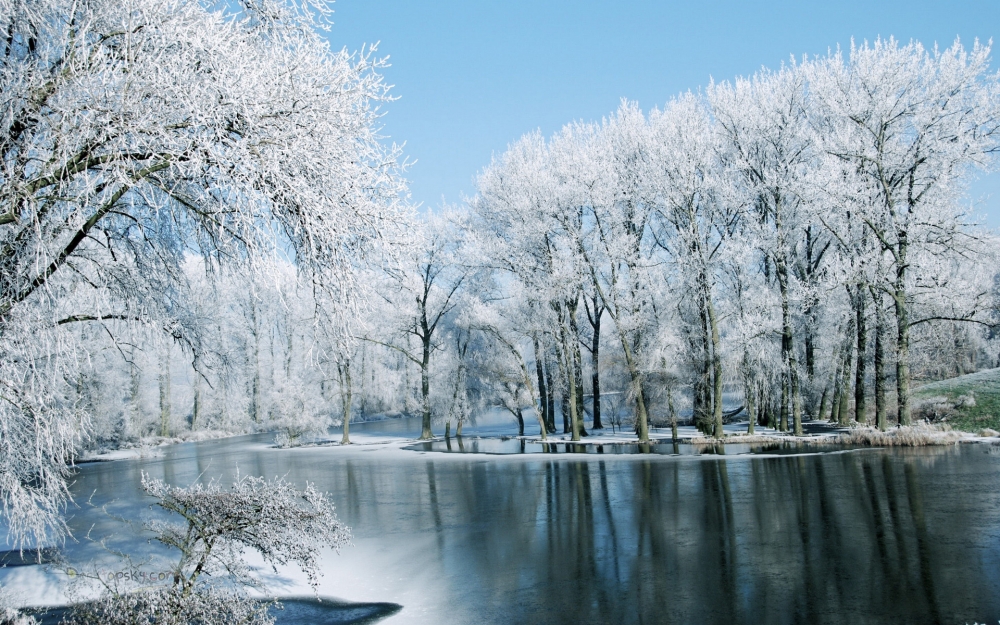冬雪覆盖下的湖水风景壁纸
