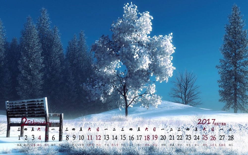 2017年2月阳光日出雪景高清桌面日历壁纸