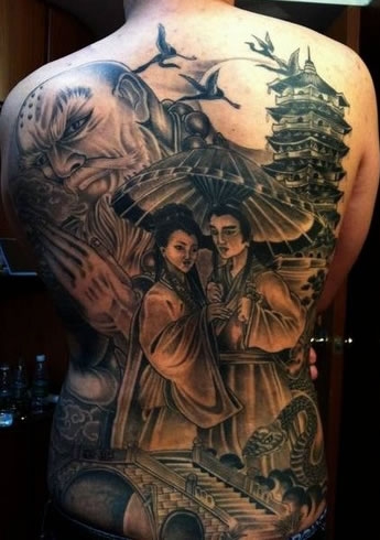 神话故事白蛇传里的场景纹身图案
