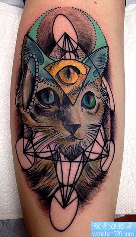 腿部彩色欧美猫咪上帝之眼纹身图案