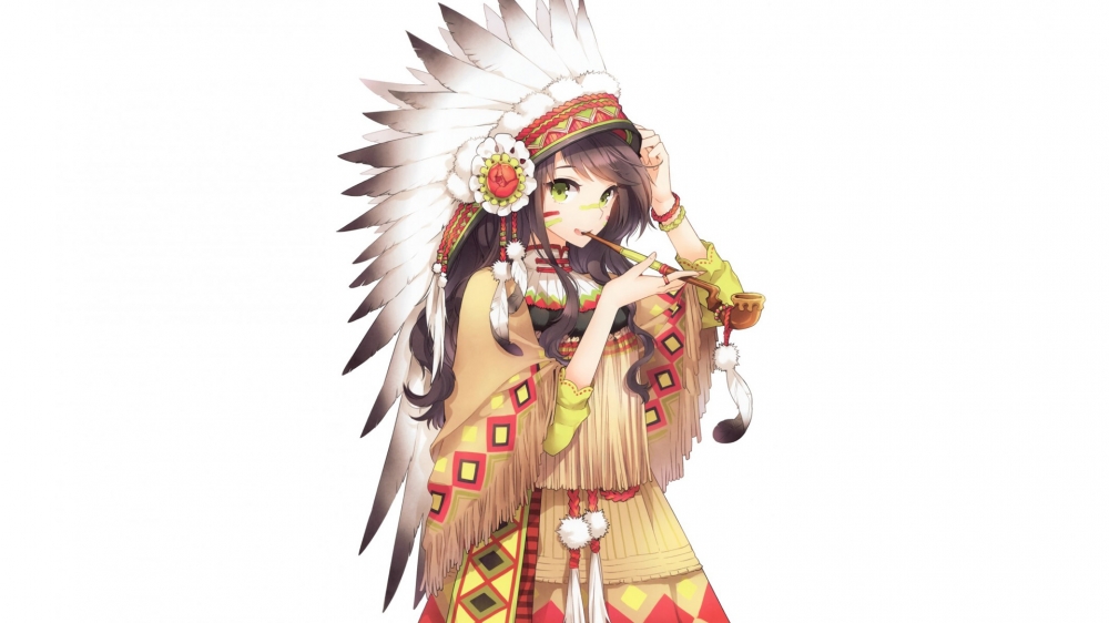 可爱女孩印第安羽毛服饰动漫壁纸