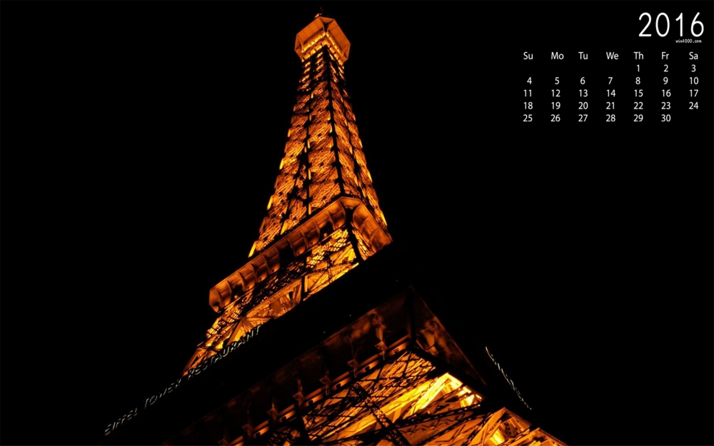2016年9月日历埃菲尔铁塔夜景唯美电脑壁纸图片