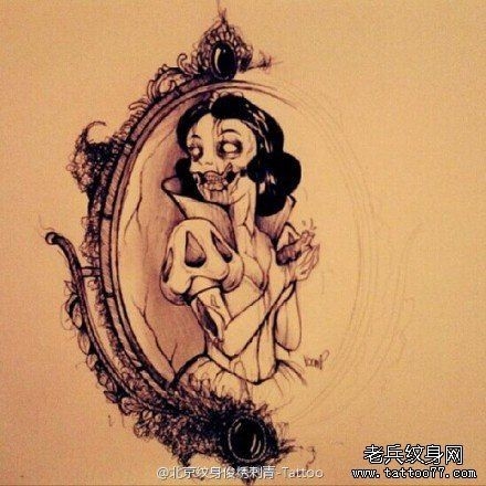 一款黑灰素描白雪公主纹身图案