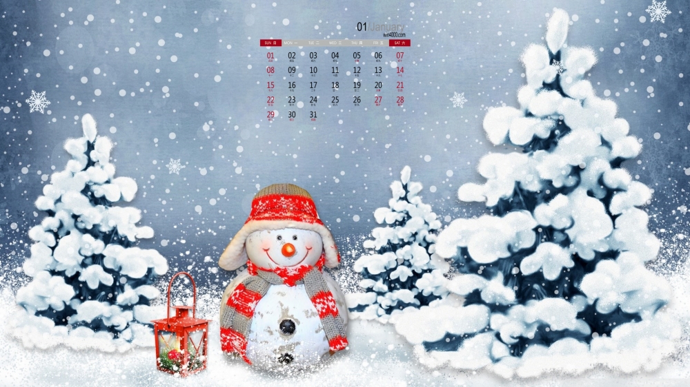 2017年1月可爱小雪人日历壁纸