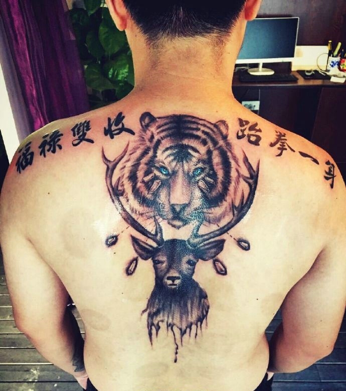 魅力男士后背有着霸气的纹身图案