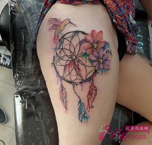 花鸟捕梦网大腿纹身图案