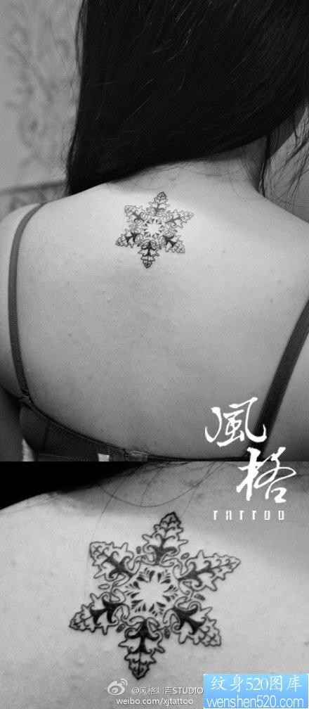 女人后背时尚精美的图腾雪花纹身图片