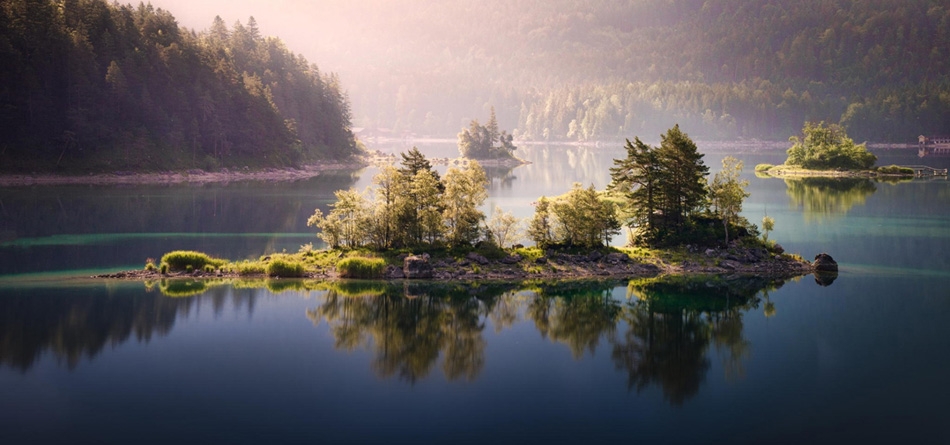 湖，山，森林，树木，岛屿，清晨，风景桌面壁纸